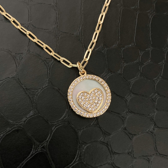 Mother of Pearl Circle Pave Heart Paperclip Necklace