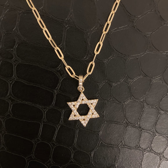 Pave Magen David Necklace II - Gold - Paperclip Chain