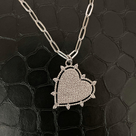 Spiked Diamond Heart Paperclip Necklace - Silver