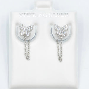 Pave Butterfly Studs with Chain - Silver
