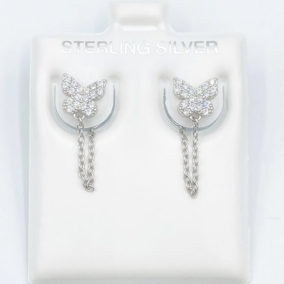 Pave Butterfly Studs with Chain - Silver