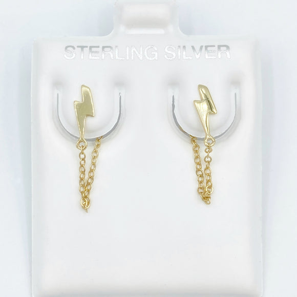 Lightening Bolt Studs with Chain - Gold