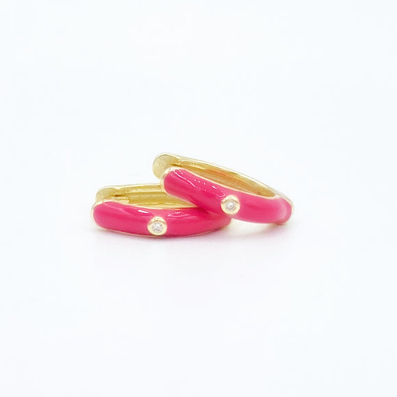 Enamel Bezel Diamond Hoops - Hot Pink