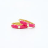 Enamel Bezel Diamond Hoops - Hot Pink