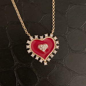 Studded Enamel Heart Necklace - Red