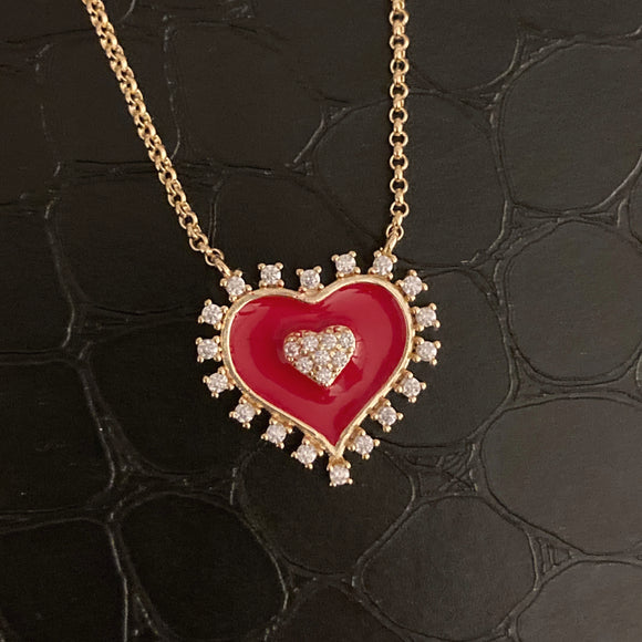 Studded Enamel Heart Necklace - Red