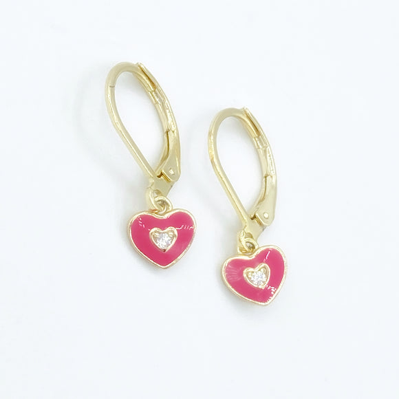 Enamel CZ Heart Leverbacks - Hot Pink