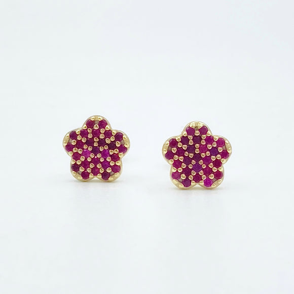 Pave Flower Screwback Studs - Ruby/Gold