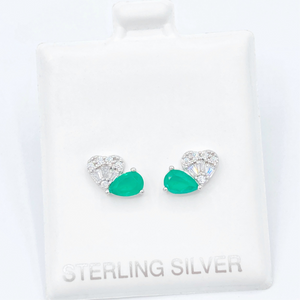 Heart and Teardrop Stud Earrings - Emerald/Silver