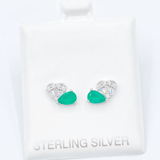 Heart and Teardrop Stud Earrings - Emerald/Silver