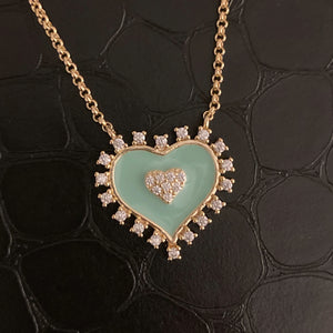 Studded Enamel Heart Necklace - Sea Blue