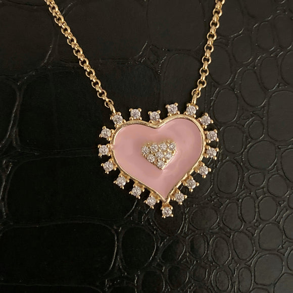 Studded Enamel Heart Necklace - Light Pink