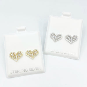 Baguette Heart Studs - Gold or Silver