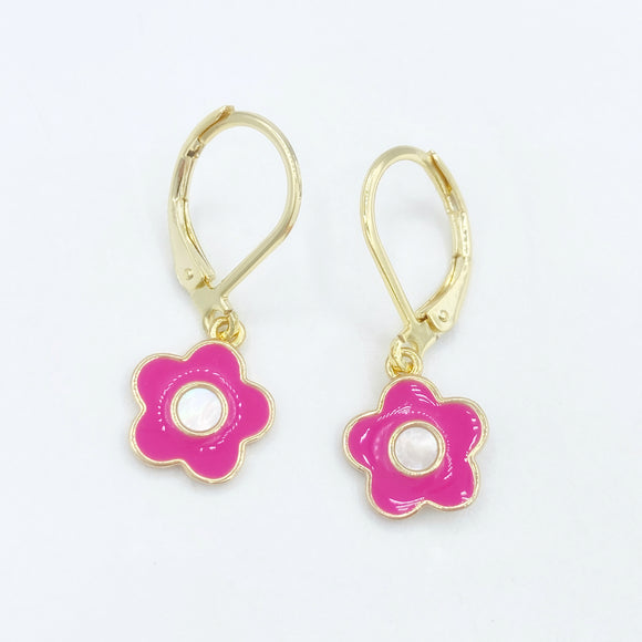 Mother of Pearl Flower Leverbacks - Hot Pink