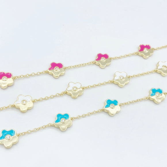 Enamel & Gold Flower Bracelet - Blue