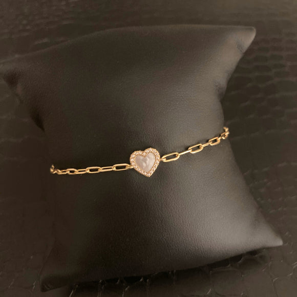 Mother of Pearl Heart Paperclip Bracelet