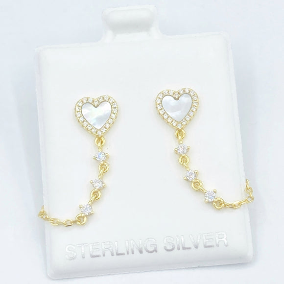 Mother of Pearl Heart Studs with Chain - Gold or Silver