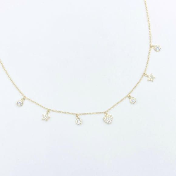 Heart and Star Diamond Charm Choker Necklace- Gold or Silver