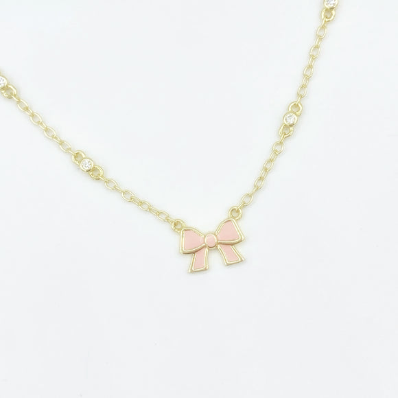 Enamel Bow Necklace - Light Pink