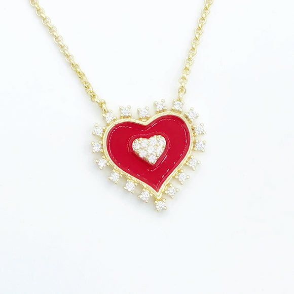 Studded Enamel Heart Necklace - Red