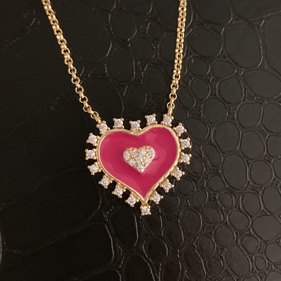 Studded Enamel Heart Necklace - Hot Pink