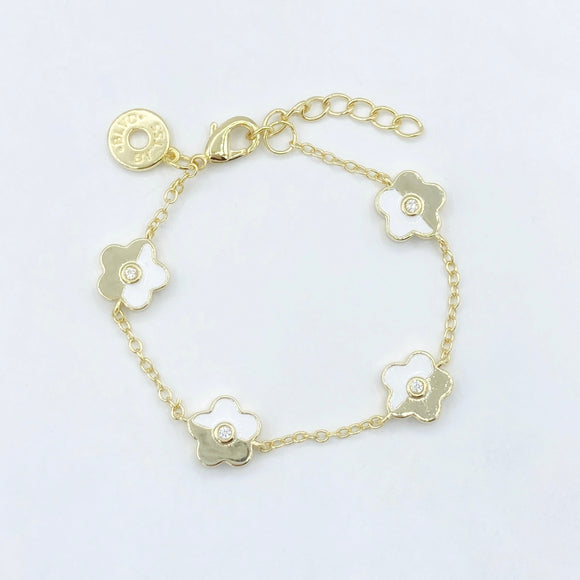 Enamel & Gold Flower Bracelet - White