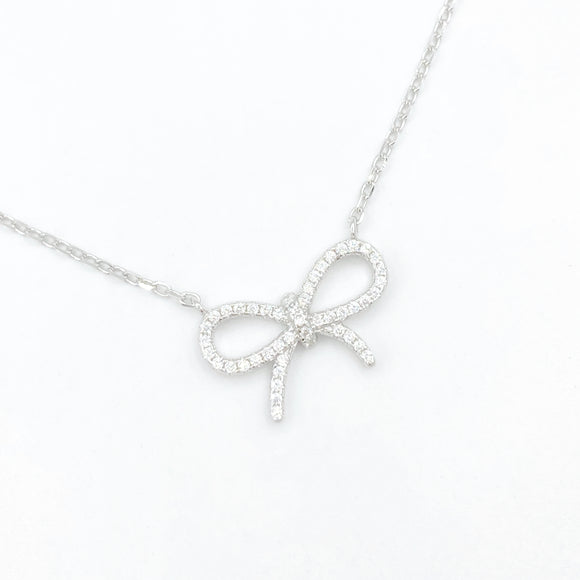 Diamond Bow Necklace - Silver