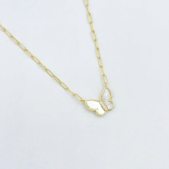 Paperclip Mother of Pearl Butterfly Necklace - Gold