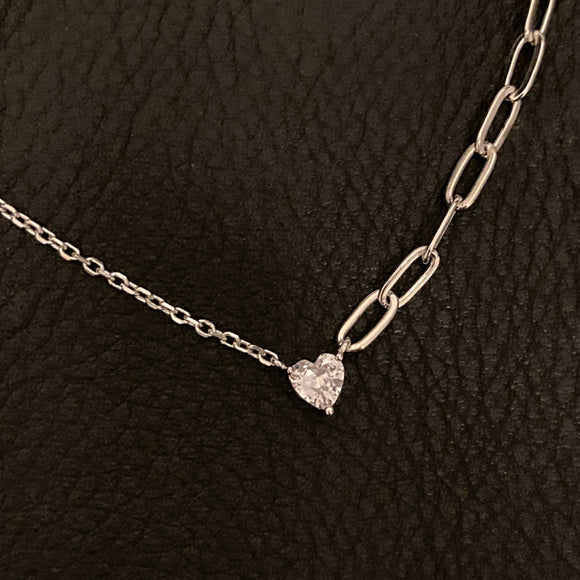 Half/Half Paperclip Heart Solitaire Necklace - Silver