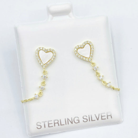Mother of Pearl Heart Studs with Chain - Gold or Silver