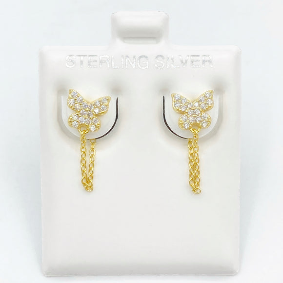 Pave Butterfly Studs with Chain - Gold