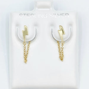 Lightening Bolt Studs with Chain - Gold