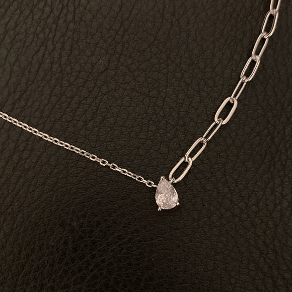 Half/Half Paperclip Pear Solitaire Necklace - Silver
