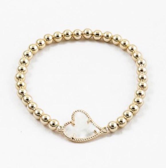 Gold Ball Bracelet - Mother of Pearl Heart
